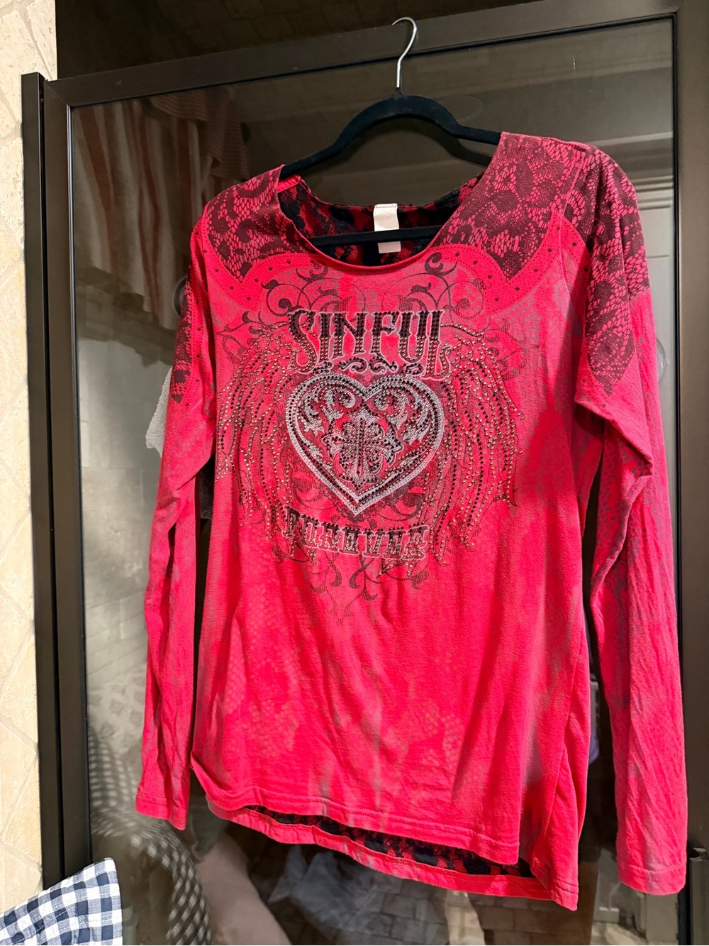 Sinful Women's Long Sleeve Graphic Tee in Hot Pink with Black Accents